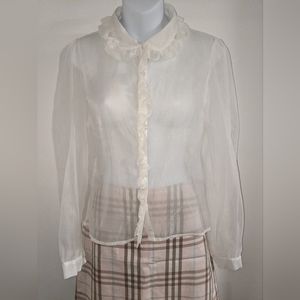 3/$25 Sheer white ruffle collared button up nylon blouse